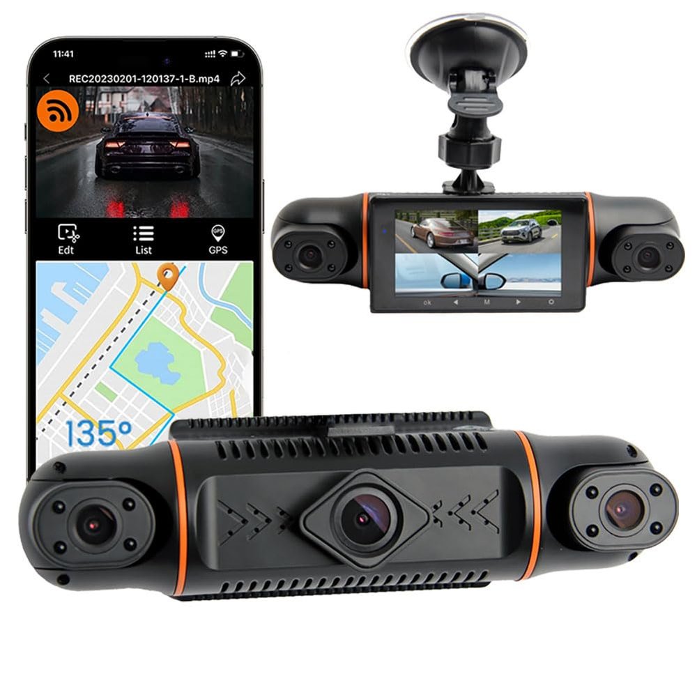 360 Degrees 4CH 1080P Dash Cam Front/Rear/Left/Right, 4-Way Recording, 3" IPS Screen, Built-in WiFi, GPS Tracking, Night Vision, G-Sensor, 24H Parking Mode, Loop Recording