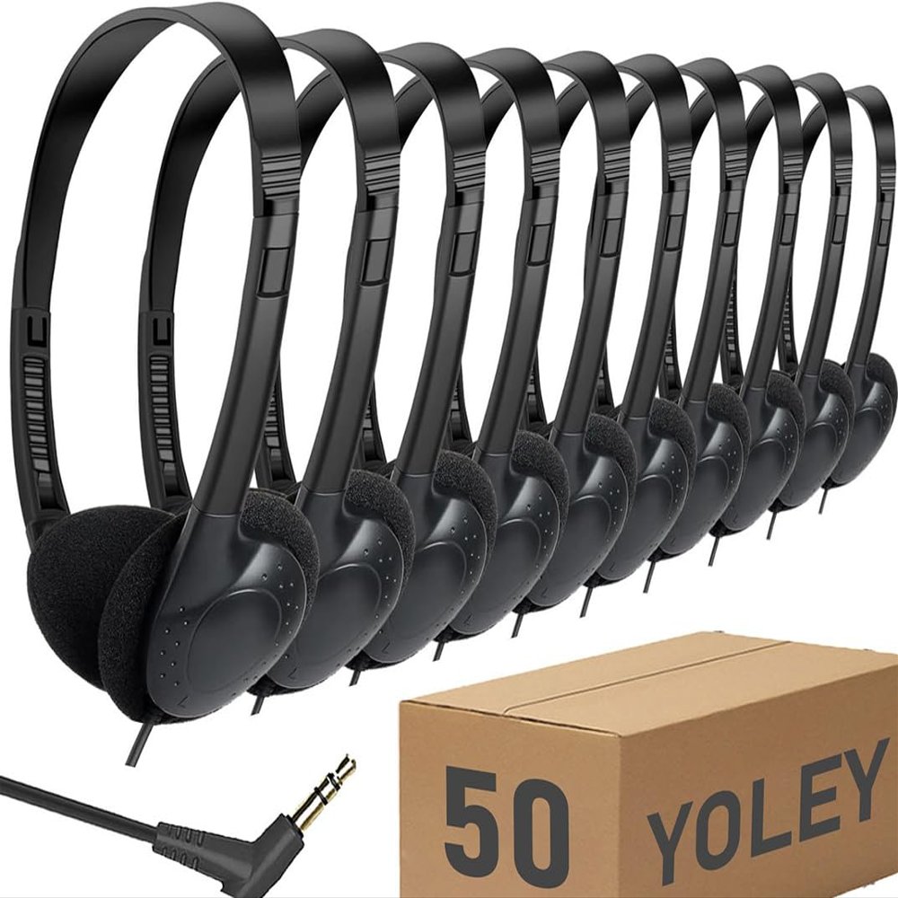 Yoley Classroom Headphones Bulk 50 Pack Class Set for School Students Kids and Adult -Sturdy Wired 3.5mm Plug (Black, 50 Pack)