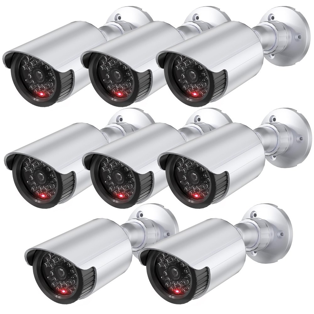 WALI Dummy Fake Simulated Surveillance Security CCTV Dome Camera Indoor Outdoor with One LED Light, Warning Security Alert Sticker Decal (TC-S8), 8 Packs, Silver