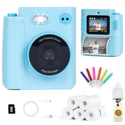 Kids Camera Instant Print, 1080P HD Dual-Lens Selfie Digital Camera with 5 Printing Paper Rolls & 32G TF Card, for Children, Portable Toddler Toy for Age 3-12 Boys & Girls (Blue)
