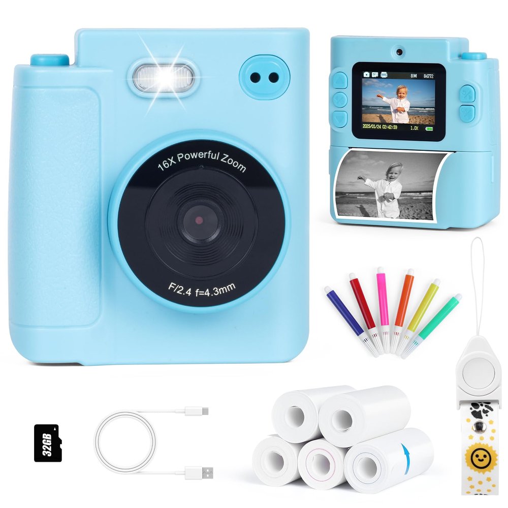 Kids Camera Instant Print, 1080P HD Dual-Lens Selfie Digital Camera with 5 Printing Paper Rolls & 32G TF Card, for Children, Portable Toddler Toy for Age 3-12 Boys & Girls (Blue)