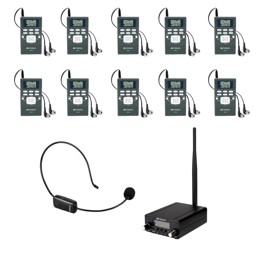 Retekess Church Translation System, FM Transmitter with 1 TR503 FM Transmitter Headset and 10 PR13 FM Radio Receivers, Wireless FM Broadcast Transmitter for Factory Museum School