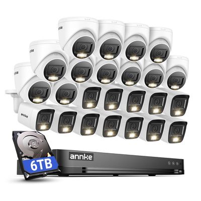 ANNKE 2MP Security Camera System, 32CH 3K Lite DVR Recorder with AI Motion Detection, 12x 1080P Add-on Wired Bullet Cams, 12x 2MP Turret Cams, Smart Dual Light, IP67, 3.6mm Lens, 6TB Hard Drive, White