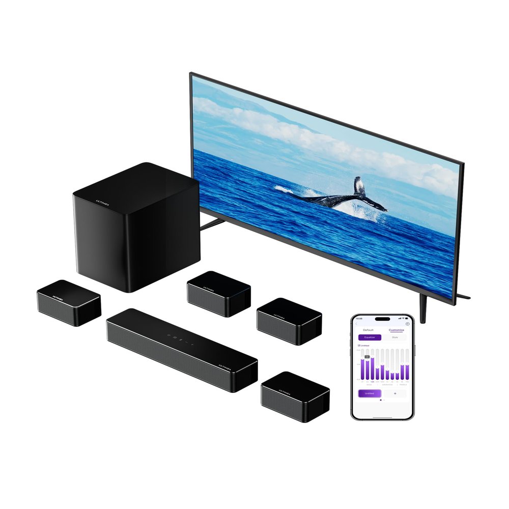 ULTIMEA 7.1ch Sound bar with Wireless Subwoofer, Virtual Surround Sound System for Smart TV, 4 Wired Surround Speakers, 410W Peak Power, App Control, Home Theater Sound System Poseidon D70, 2025 Model