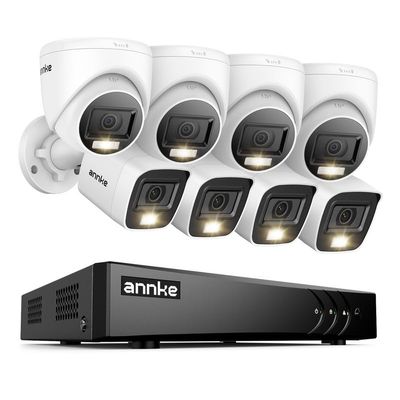 ANNKE 2MP Security Camera System, 8CH 3K Lite DVR Recorder with AI Motion Detection, 4X 1080P (19201080) Add-on Wired Bullet Cams, 4X 2MP Turret Cams, Smart Dual Light, IP67, NO Hard Drive, White