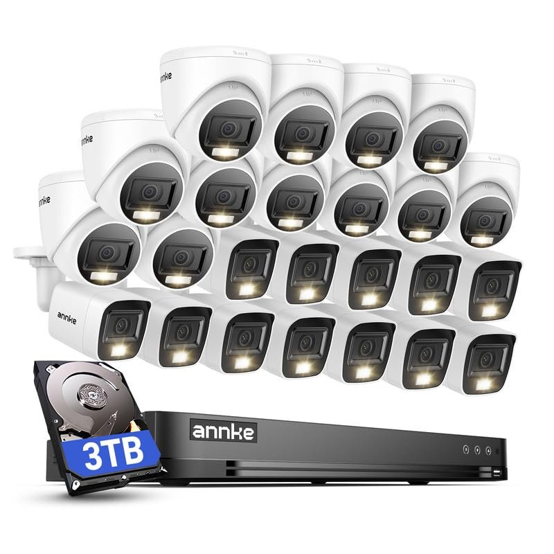 ANNKE 2MP Security Camera System, 32CH 3K Lite DVR Recorder with AI Motion Detection, 12x 1080P Add-on Wired Bullet Cams, 12x 2MP Turret Cams, Smart Dual Light, IP67, 3.6mm Lens, 3TB Hard Drive, White