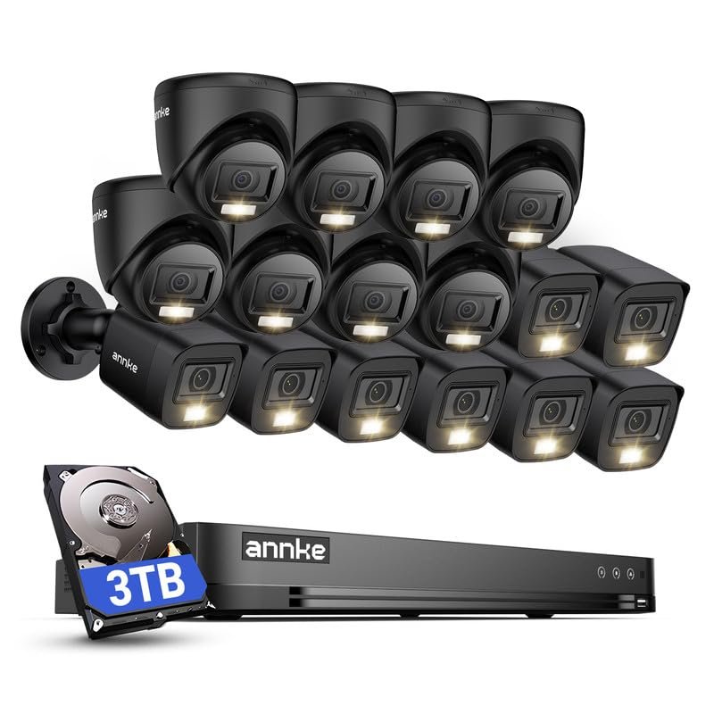 ANNKE 2MP Security Camera System, 32CH 3K Lite DVR Recorder with AI Motion Detection, 8X 1080P Add-on Wired Bullet Cams, 8X 2MP Turret Cams, Smart Dual Light, IP67, 3.6mm Lens, 3TB Hard Drive, Black