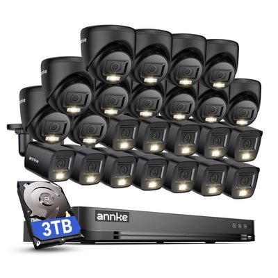 ANNKE 2MP Security Camera System, 32CH 3K Lite DVR Recorder with AI Motion Detection, 12x 1080P Add-on Wired Bullet Cams, 12x 2MP Turret Cams, Smart Dual Light, IP67, 3.6mm Lens, 3TB Hard Drive, Black
