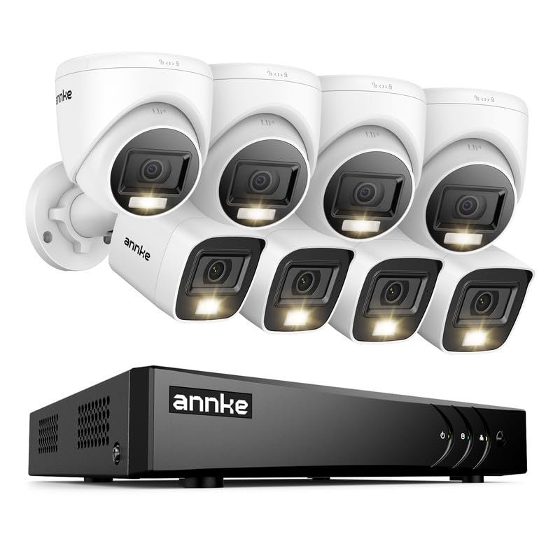 ANNKE 2MP Security Camera System, 16CH 3K Lite DVR Recorder with AI Motion Detection, 4X 1080P Add-on Wired Bullet Cams, 4X 2MP Turret Cams, Smart Dual Light, IP67, 3.6mm Lens, No Hard Drive, White