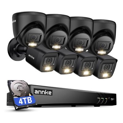 ANNKE 2MP Security Camera System, 8CH 4K DVR Recorder with AI Motion Detection, 4X 1080P Add-on Wired Bullet Cams, 4X 2MP Turret Cams, Smart Dual Light, Compatible with Alexa, 4TB Hard Drive, Black