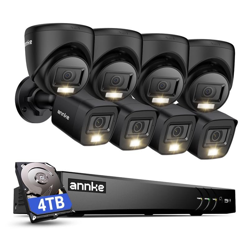 ANNKE 2MP Security Camera System, 8CH 4K DVR Recorder with AI Motion Detection, 4X 1080P Add-on Wired Bullet Cams, 4X 2MP Turret Cams, Smart Dual Light, Compatible with Alexa, 4TB Hard Drive, Black