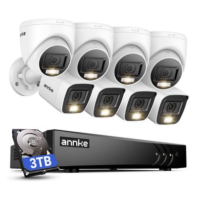 ANNKE 2MP Security Camera System, 16CH 3K Lite DVR Recorder with AI Motion Detection, 4X 1080P Add-on Wired Bullet Cams, 4X 2MP Turret Cams, Smart Dual Light, IP67, 3.6mm Lens, 3TB Hard Drive, White