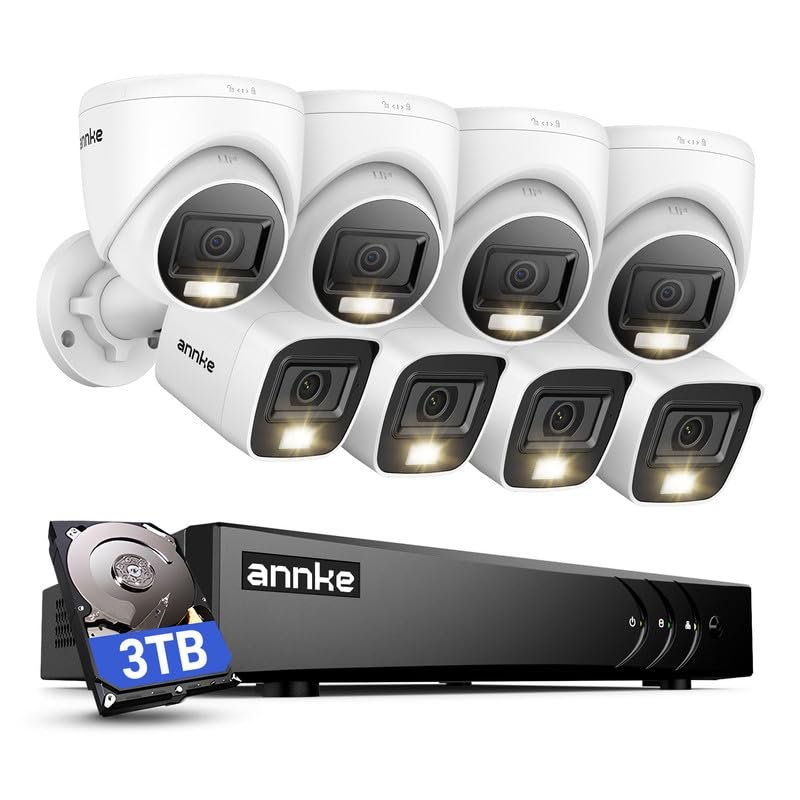 ANNKE 2MP Security Camera System, 16CH 3K Lite DVR Recorder with AI Motion Detection, 4X 1080P Add-on Wired Bullet Cams, 4X 2MP Turret Cams, Smart Dual Light, IP67, 3.6mm Lens, 3TB Hard Drive, White