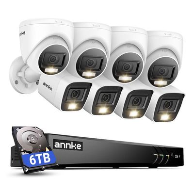 ANNKE 2MP Security Camera System, 8CH 4K DVR Recorder with AI Motion Detection, 4X 1080P Add-on Wired Bullet Cams, 4X 2MP Turret Cams, Smart Dual Light, Compatible with Alexa, 6TB Hard Drive, White