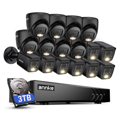 ANNKE 2MP Security Camera System, 16CH 3K Lite DVR Recorder with AI Motion Detection, 8X 1080P Add-on Wired Bullet Cams, 8X 2MP Turret Cams, Smart Dual Light, IP67, 3.6mm Lens, 3TB Hard Drive, Black
