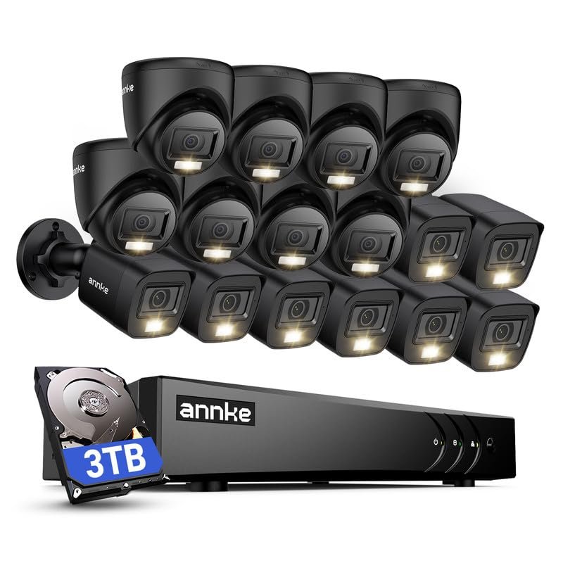ANNKE 2MP Security Camera System, 16CH 3K Lite DVR Recorder with AI Motion Detection, 8X 1080P Add-on Wired Bullet Cams, 8X 2MP Turret Cams, Smart Dual Light, IP67, 3.6mm Lens, 3TB Hard Drive, Black