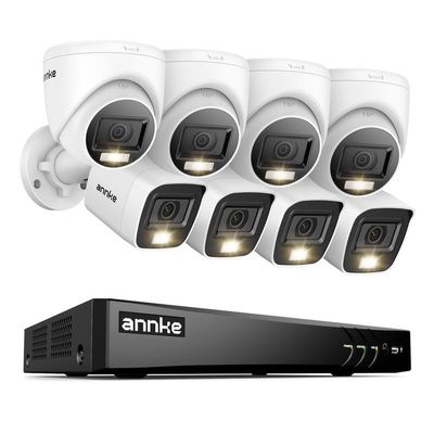 ANNKE 2MP Security Camera System, 8CH 4K DVR Recorder with AI Motion Detection, 4X 1080P Add-on Wired Bullet Cams, 4X 2MP Turret Cams, Smart Dual Light, No Hard Drive, White