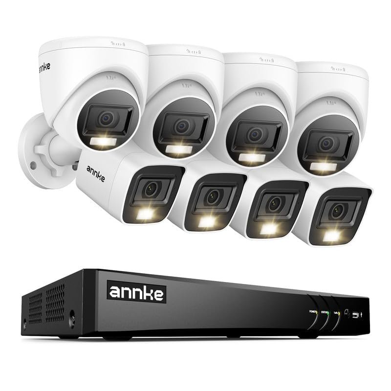 ANNKE 2MP Security Camera System, 8CH 4K DVR Recorder with AI Motion Detection, 4X 1080P Add-on Wired Bullet Cams, 4X 2MP Turret Cams, Smart Dual Light, No Hard Drive, White