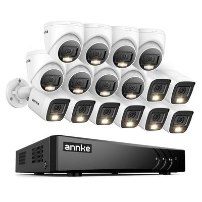 ANNKE 2MP Security Camera System, 16CH 3K Lite DVR Recorder with AI Motion Detection, 8X 1080P Add-on Wired Bullet Cams, 8X 2MP Turret Cams, Smart Dual Light, IP67, 3.6mm Lens, No Hard Drive, White