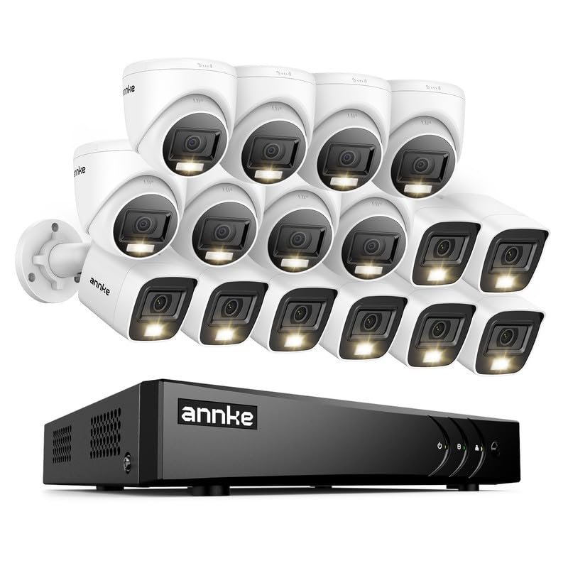 ANNKE 2MP Security Camera System, 16CH 3K Lite DVR Recorder with AI Motion Detection, 8X 1080P Add-on Wired Bullet Cams, 8X 2MP Turret Cams, Smart Dual Light, IP67, 3.6mm Lens, No Hard Drive, White