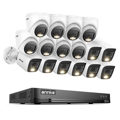 ANNKE 2MP Security Camera System, 16CH 4K DVR Recorder with AI Motion Detection, 8X 1080P Add-on Wired Bullet Cams, 8X 2MP Turret Cams, Smart Dual Light, IP67, Compatible with Alexa, No HDD, White