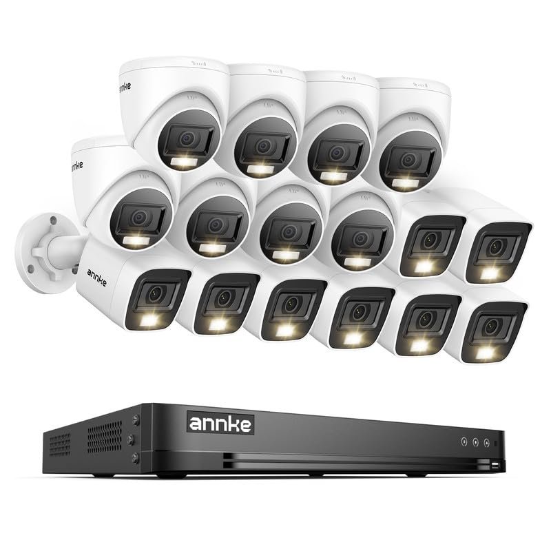 ANNKE 2MP Security Camera System, 16CH 4K DVR Recorder with AI Motion Detection, 8X 1080P Add-on Wired Bullet Cams, 8X 2MP Turret Cams, Smart Dual Light, IP67, Compatible with Alexa, No HDD, White