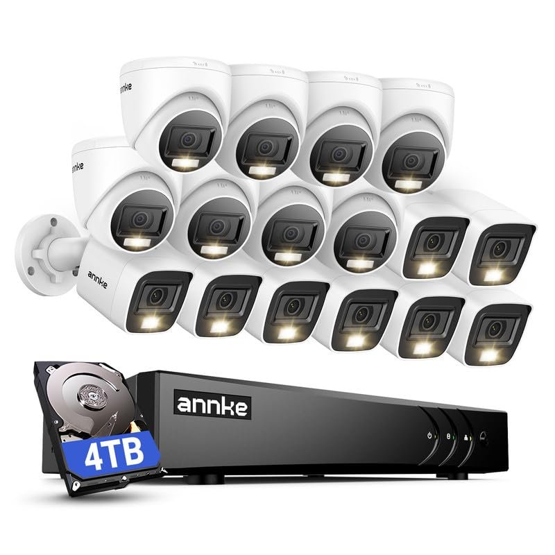 ANNKE 2MP Security Camera System, 16CH 3K Lite DVR Recorder with AI Motion Detection, 8X 1080P Add-on Wired Bullet Cams, 8X 2MP Turret Cams, Smart Dual Light, IP67, 3.6mm Lens, 4TB Hard Drive, White