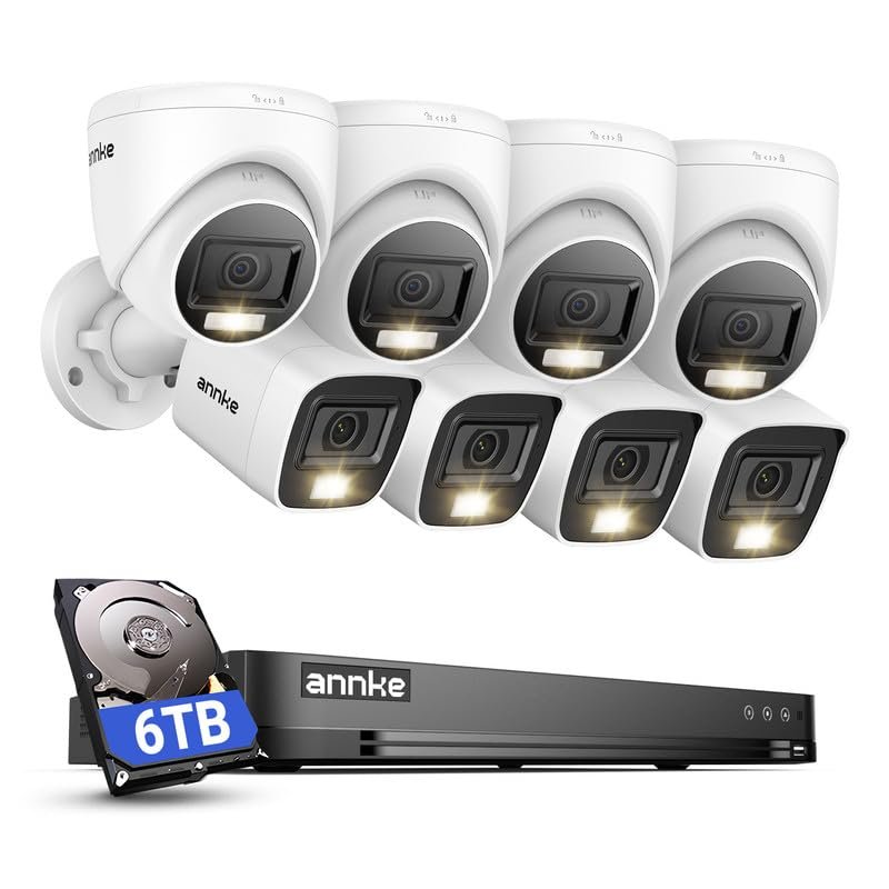 ANNKE 2MP Security Camera System, 16CH 4K DVR Recorder with AI Motion Detection, 4X 1080P Add-on Wired Bullet Cams, 4X 2MP Turret Cams, Smart Dual Light, IP67, Compatible with Alexa, 6TB HDD, White