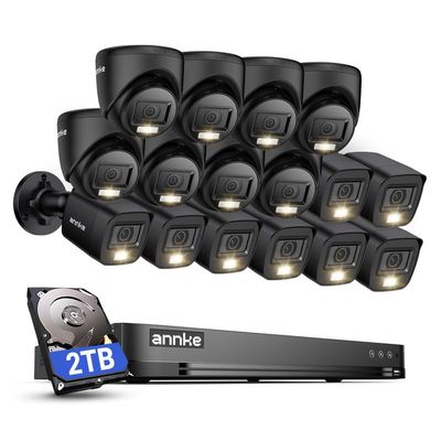 ANNKE 2MP Security Camera System, 16CH 4K DVR Recorder with AI Motion Detection, 8X 1080P Add-on Wired Bullet Cams, 8X 2MP Turret Cams, Smart Dual Light, IP67, Compatible with Alexa, 2TB HDD, Black