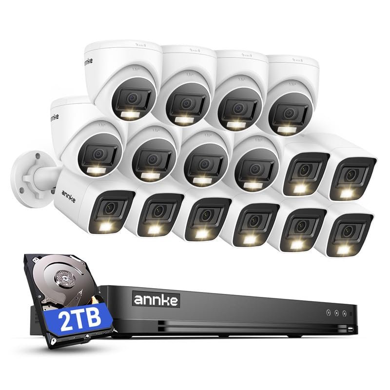 ANNKE 2MP Security Camera System, 16CH 4K DVR Recorder with AI Motion Detection, 8X 1080P Add-on Wired Bullet Cams, 8X 2MP Turret Cams, Smart Dual Light, IP67, Compatible with Alexa, 2TB HDD, White