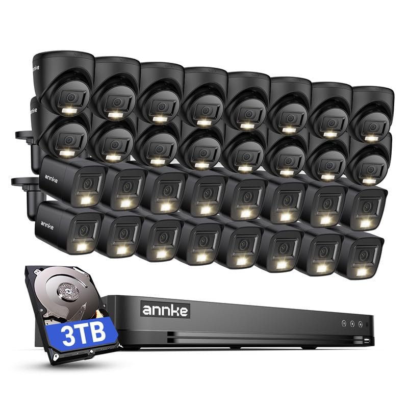ANNKE 2MP Security Camera System, 32CH 3K Lite DVR Recorder with AI Motion Detection, 16x 1080P Add-on Wired Bullet Cams, 16x 2MP Turret Cams, Smart Dual Light, IP67, 3.6mm Lens, 3TB Hard Drive, Black