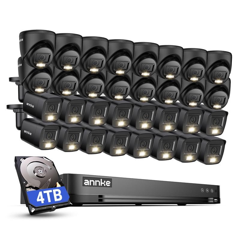 ANNKE 2MP Security Camera System, 32CH 3K Lite DVR Recorder with AI Motion Detection, 16x 1080P Add-on Wired Bullet Cams, 16x 2MP Turret Cams, Smart Dual Light, IP67, 3.6mm Lens, 4TB Hard Drive, Black