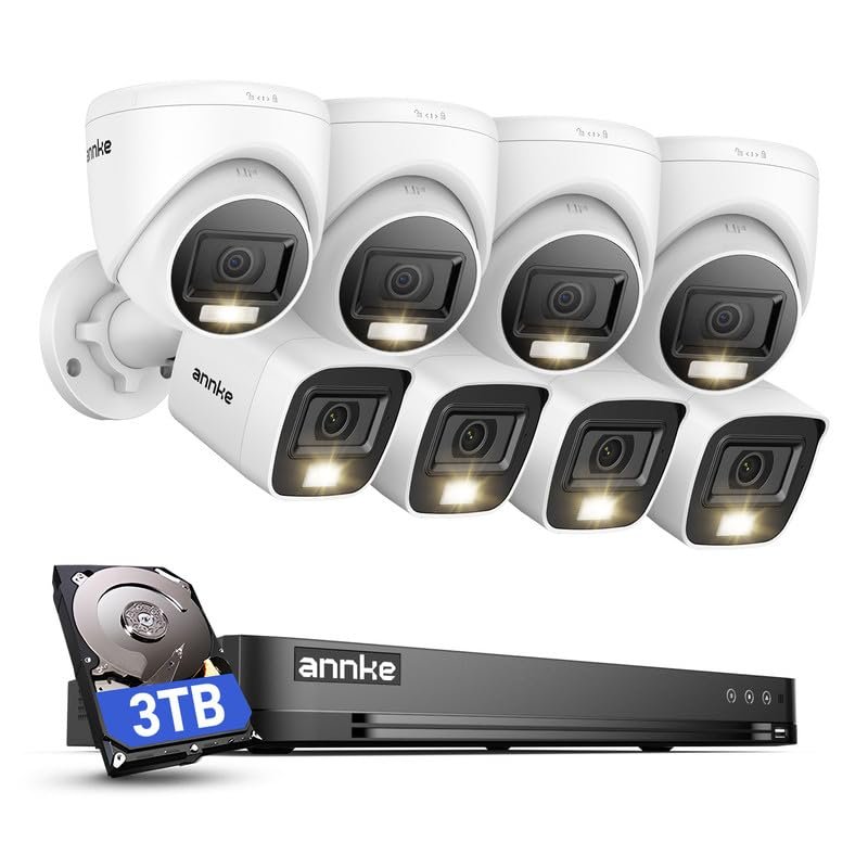 ANNKE 2MP Security Camera System, 32CH 3K Lite DVR Recorder with AI Motion Detection, 4X 1080P Add-on Wired Bullet Cams, 4X 2MP Turret Cams, Smart Dual Light, IP67, 3.6mm Lens, 3TB Hard Drive, White