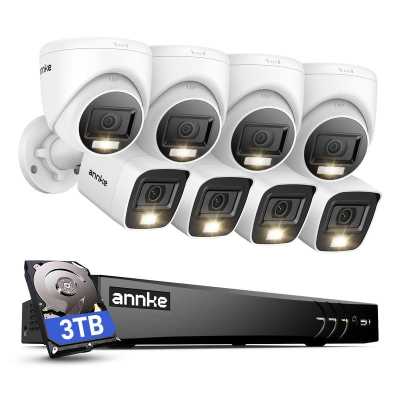 ANNKE 2MP Security Camera System, 8CH 4K DVR Recorder with AI Motion Detection, 4X 1080P Add-on Wired Bullet Cams, 4X 2MP Turret Cams, Smart Dual Light, Compatible with Alexa, 3TB Hard Drive, White