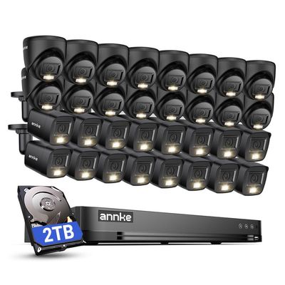 ANNKE 2MP Security Camera System, 32CH 3K Lite DVR Recorder with AI Motion Detection, 16x 1080P Add-on Wired Bullet Cams, 16x 2MP Turret Cams, Smart Dual Light, IP67, 3.6mm Lens, 2TB Hard Drive, Black