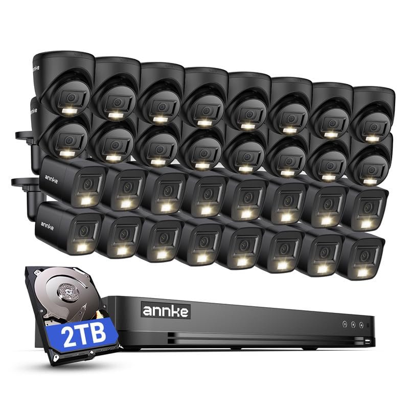 ANNKE 2MP Security Camera System, 32CH 3K Lite DVR Recorder with AI Motion Detection, 16x 1080P Add-on Wired Bullet Cams, 16x 2MP Turret Cams, Smart Dual Light, IP67, 3.6mm Lens, 2TB Hard Drive, Black