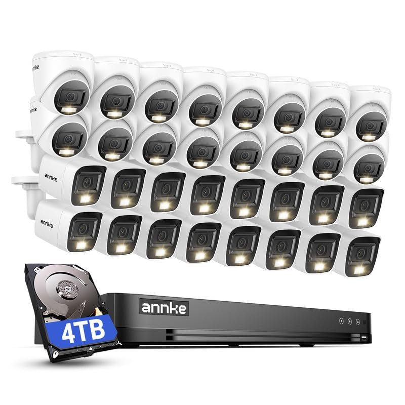 ANNKE 2MP Security Camera System, 32CH 3K Lite DVR Recorder with AI Motion Detection, 16x 1080P Add-on Wired Bullet Cams, 16x 2MP Turret Cams, Smart Dual Light, IP67, 3.6mm Lens, 4TB Hard Drive, White