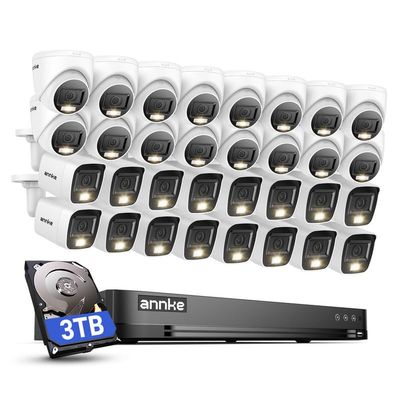 ANNKE 2MP Security Camera System, 32CH 3K Lite DVR Recorder with AI Motion Detection, 16x 1080P Add-on Wired Bullet Cams, 16x 2MP Turret Cams, Smart Dual Light, IP67, 3.6mm Lens, 3TB Hard Drive, White