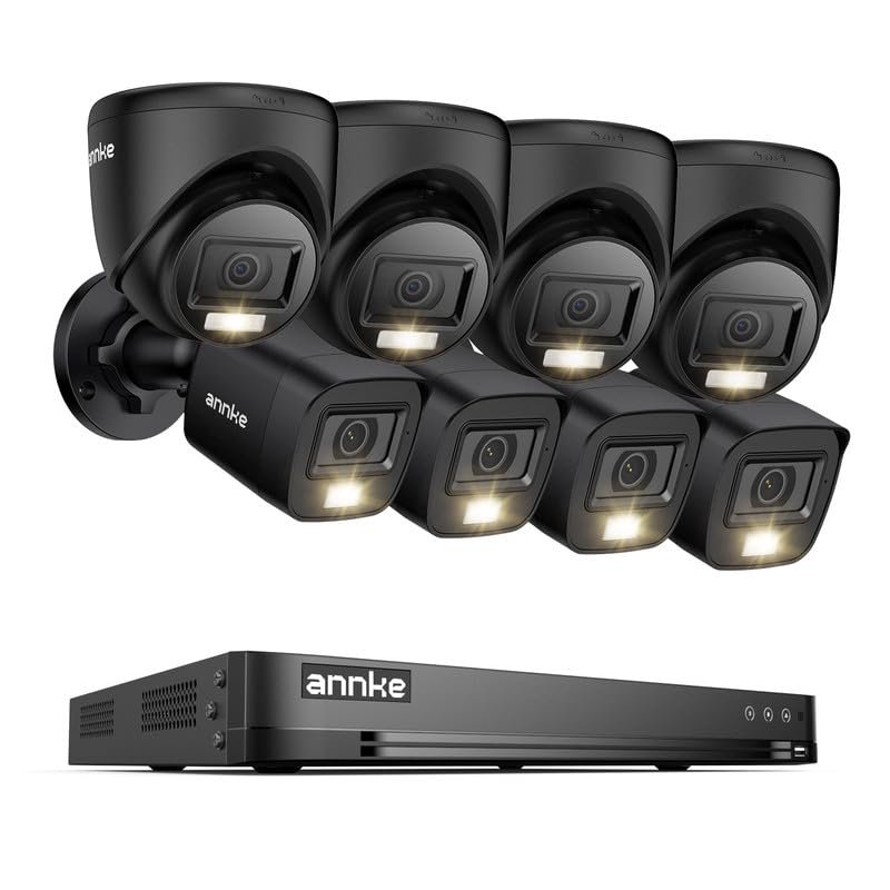 ANNKE 2MP Security Camera System, 16CH 4K DVR Recorder with AI Motion Detection, 4X 1080P Add-on Wired Bullet Cams, 4X 2MP Turret Cams, Smart Dual Light, IP67, Compatible with Alexa, No HDD, Black