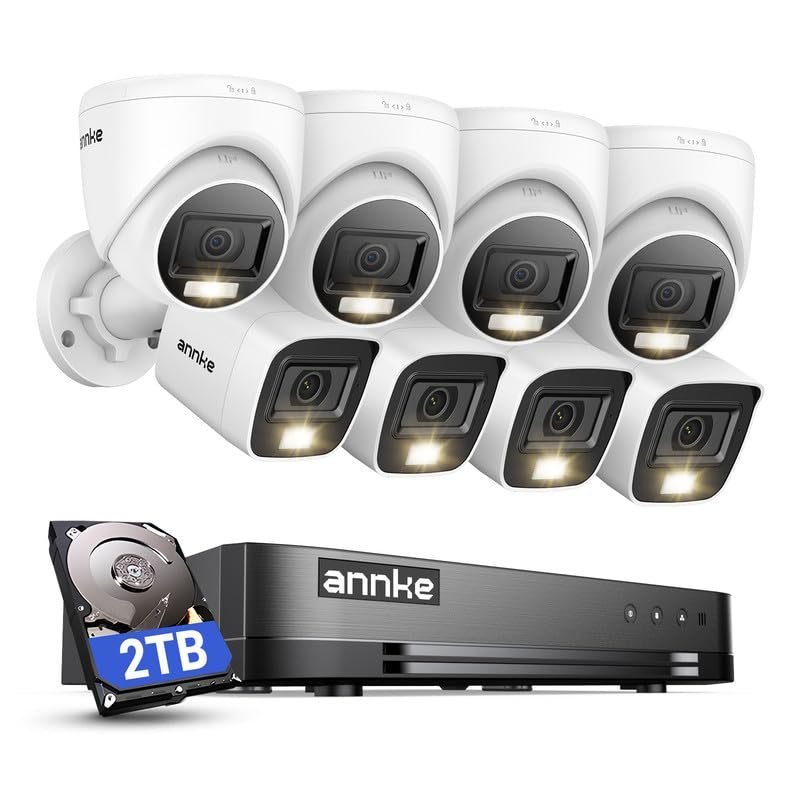 ANNKE 2MP Security Camera System, 16CH 1080P Lite DVR Recorder with AI Motion Detection, 4X 1080P Add-on Wired Bullet Cams, 4X 2MP Turret Cams, Smart Dual Light, IP67, 3.6mm Lens, 2TB HDD, White