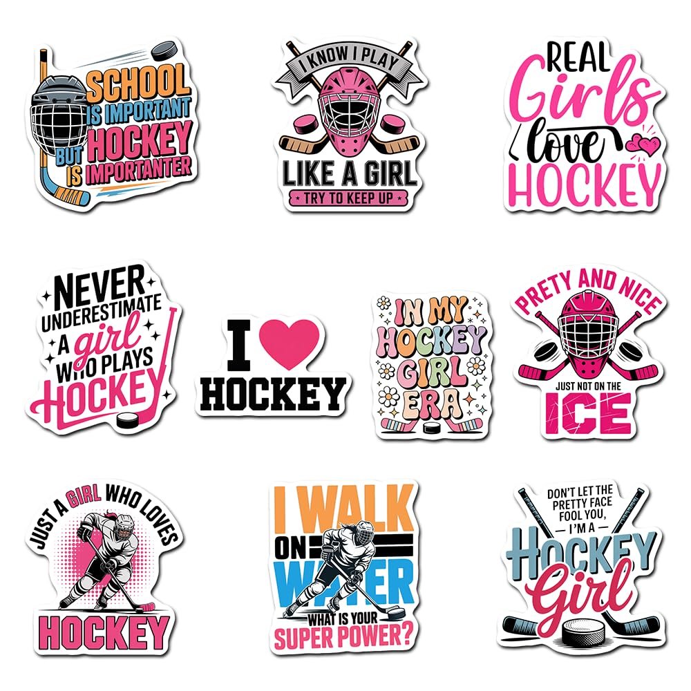 (10 PCS) Ice Hockey Vinyl Sticker for Girl I Love Hockey Funny Women Girl Waterproof Decal Gift Suitable for Laptop Bumper Phone Car Window 3 Inches