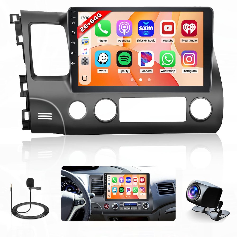 2+64G Android Car Radio for Honda Civic 2006 2007 2008 2009 2010 2011, 9 Inch Touchscreen Radio Wireless Carplay Android Auto, WiFi GPS Navigation Bluetooth FM RDS EQ Mirror Link