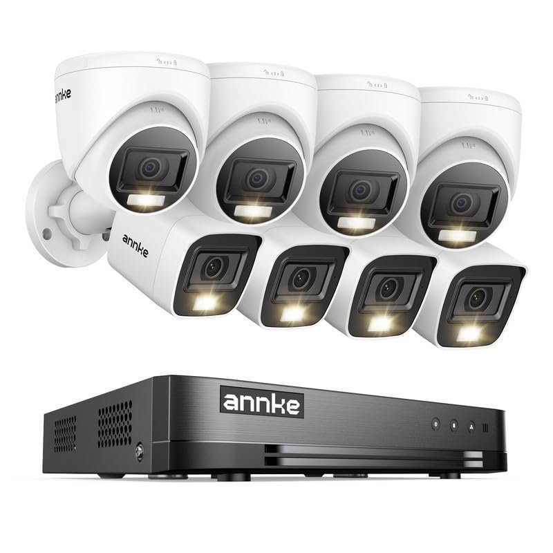 ANNKE 2MP Security Camera System, 16CH 1080P Lite DVR Recorder with AI Motion Detection, 4X 1080P Add-on Wired Bullet Cams, 4X 2MP Turret Cams, Smart Dual Light, IP67, 3.6mm Lens, NO HDD, White