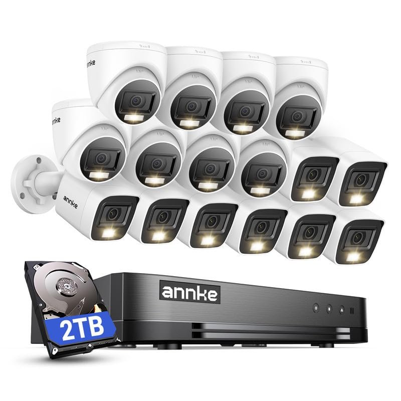 ANNKE 2MP Security Camera System, 16CH 1080P Lite DVR Recorder with AI Motion Detection, 8X 1080P Add-on Wired Bullet Cams, 8X 2MP Turret Cams, Smart Dual Light, IP67, 3.6mm Lens, 2TB HDD, White