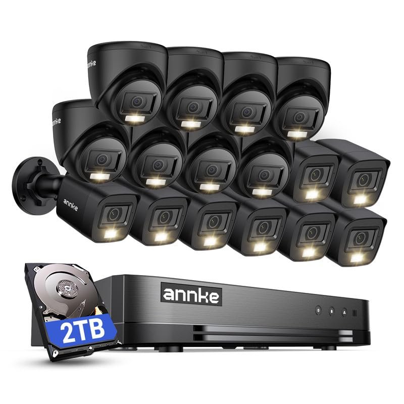 ANNKE 2MP Security Camera System, 16CH 1080P Lite DVR Recorder with AI Motion Detection, 8X 1080P Add-on Wired Bullet Cams, 8X 2MP Turret Cams, Smart Dual Light, IP67, 3.6mm Lens, 2TB HDD, Black