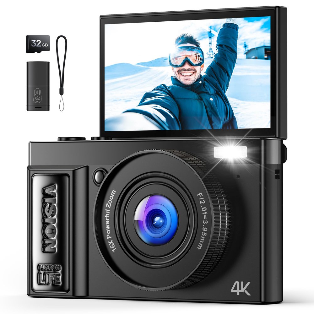 Digital Camera 4K for Photography Vlogging: 64MP Cameras for Video - 16X Zoom Photo Camera Gifts for Teens Ages 8-18 - 180Flip Screen Compact Cmara - Point and Shoot Digital Cameras for YouTube