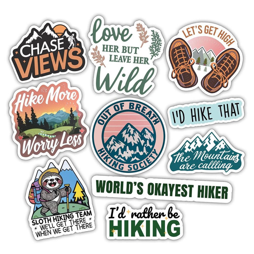 10pcs Hiking Sticker Sheet, Cute Adventure Vinyl Decals for Hikers, Backpackers, and Outdoor Adventurers, Waterproof, UV-Resistant, for Laptop, Water Bottle, Journal, Notebook, Phone Case