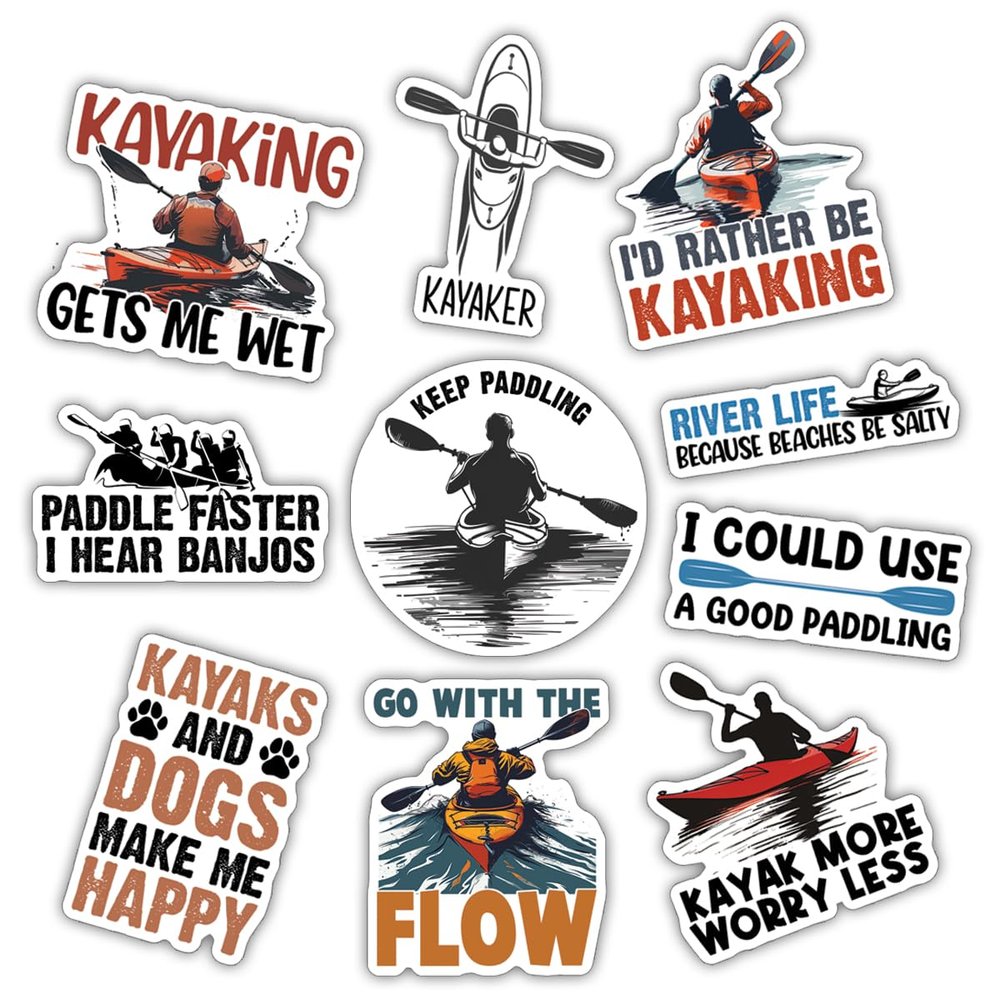 10pcs Kayak Sticker Sheet, Cute Water Sports Vinyl Decals for Kayakers, Paddling Enthusiasts, Nature Lovers, Waterproof, UV-Resistant, for Laptop, Water Bottle, Journal, Notebook, Cooler