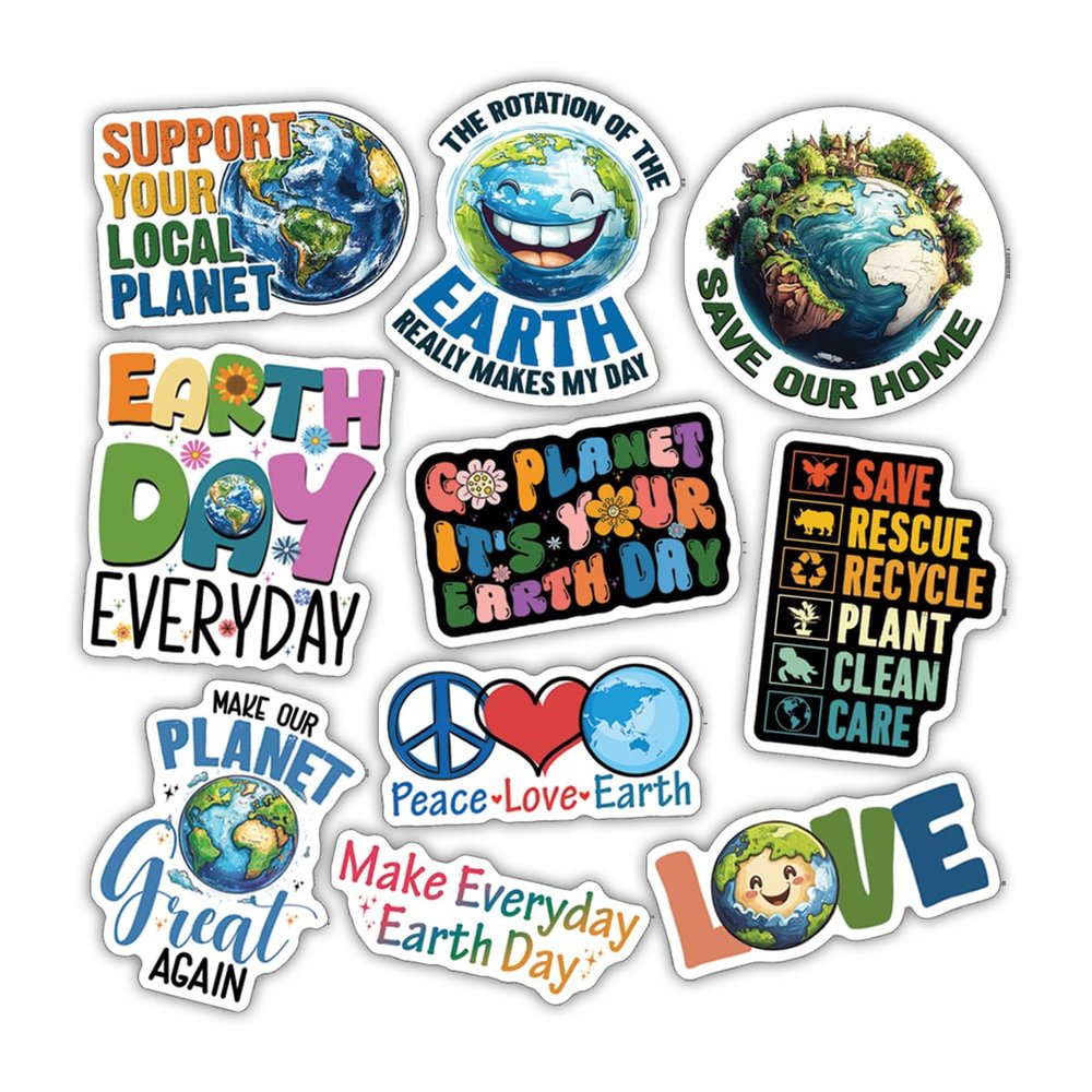 10pcs Earth Day Sticker Sheet, Cute Vinyl Decals for Environmentalists, Nature Lovers, Climate Advocates, Waterproof, UV-Resistant, for Laptop, Water Bottle, Journal, Notebook, Car, Phone Case