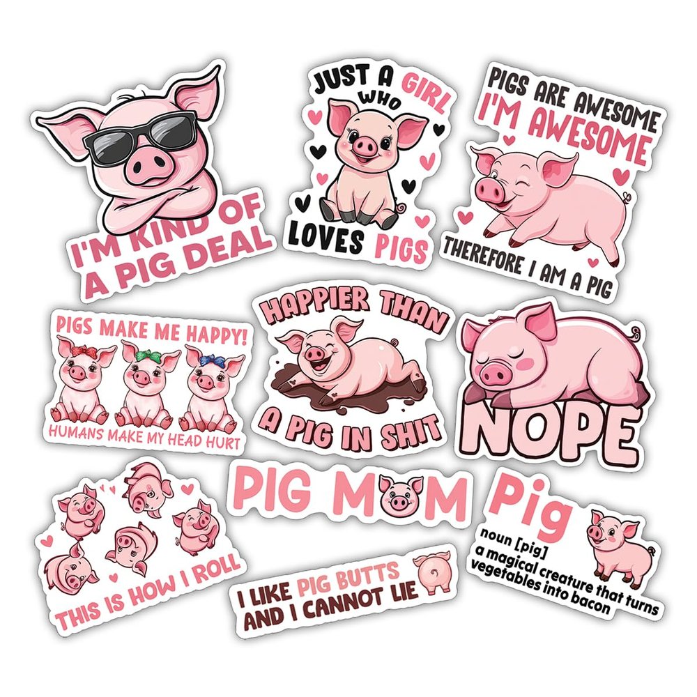 10pcs Pig Mom Sticker Sheet, Cute and Funny Farm Animal Vinyl Decals for Pig Lovers, Pet Owners, Farmers, Waterproof, UV-Resistant, for Laptop, Water Bottle, Notebook, Journal, Phone Case, Scrapbook